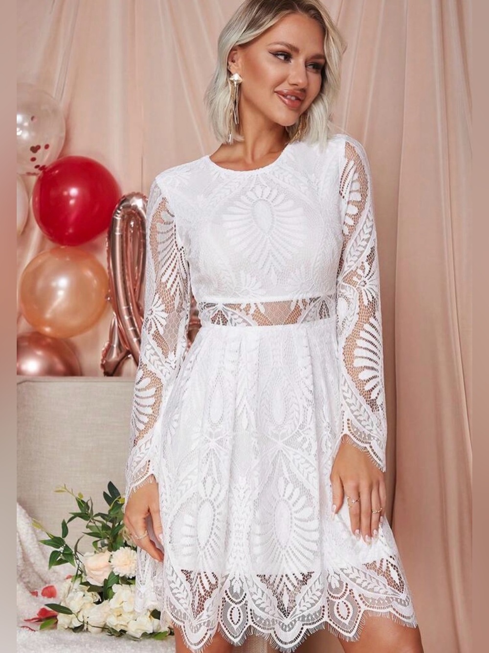 Eilly Bazar White Lace Long-Sleeve Dres